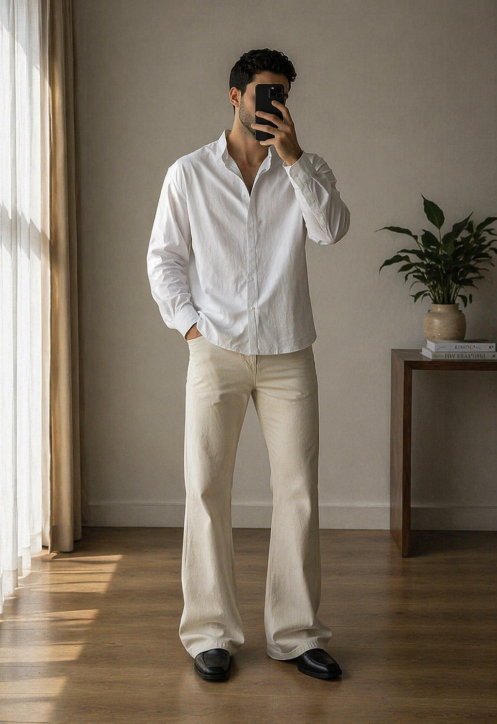 SKMRA Tailored Wide-Leg Jeans – Sand Beige