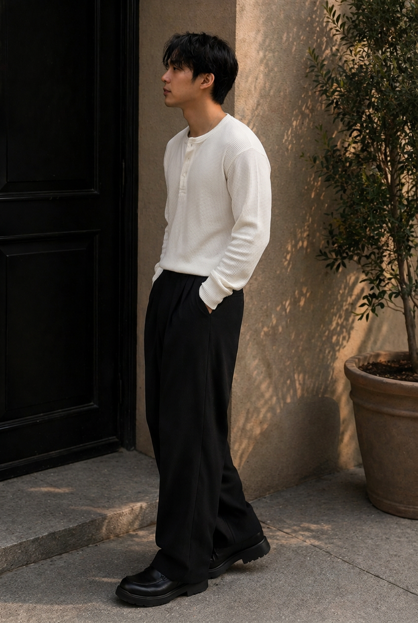 SKMRA Boxy Fit Henley – Ivory