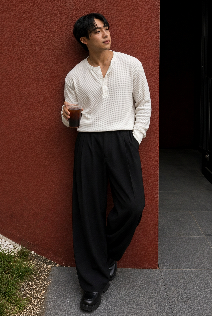 SKMRA Boxy Fit Henley – Ivory