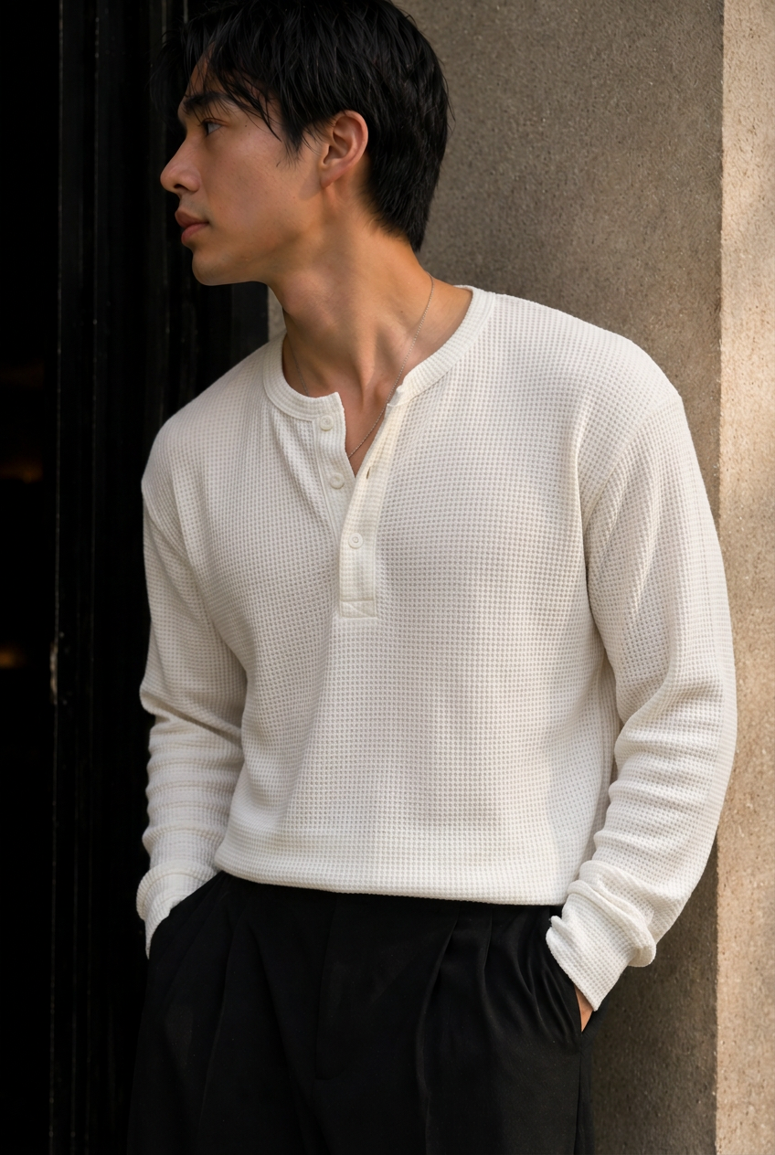 SKMRA Boxy Fit Henley – Ivory
