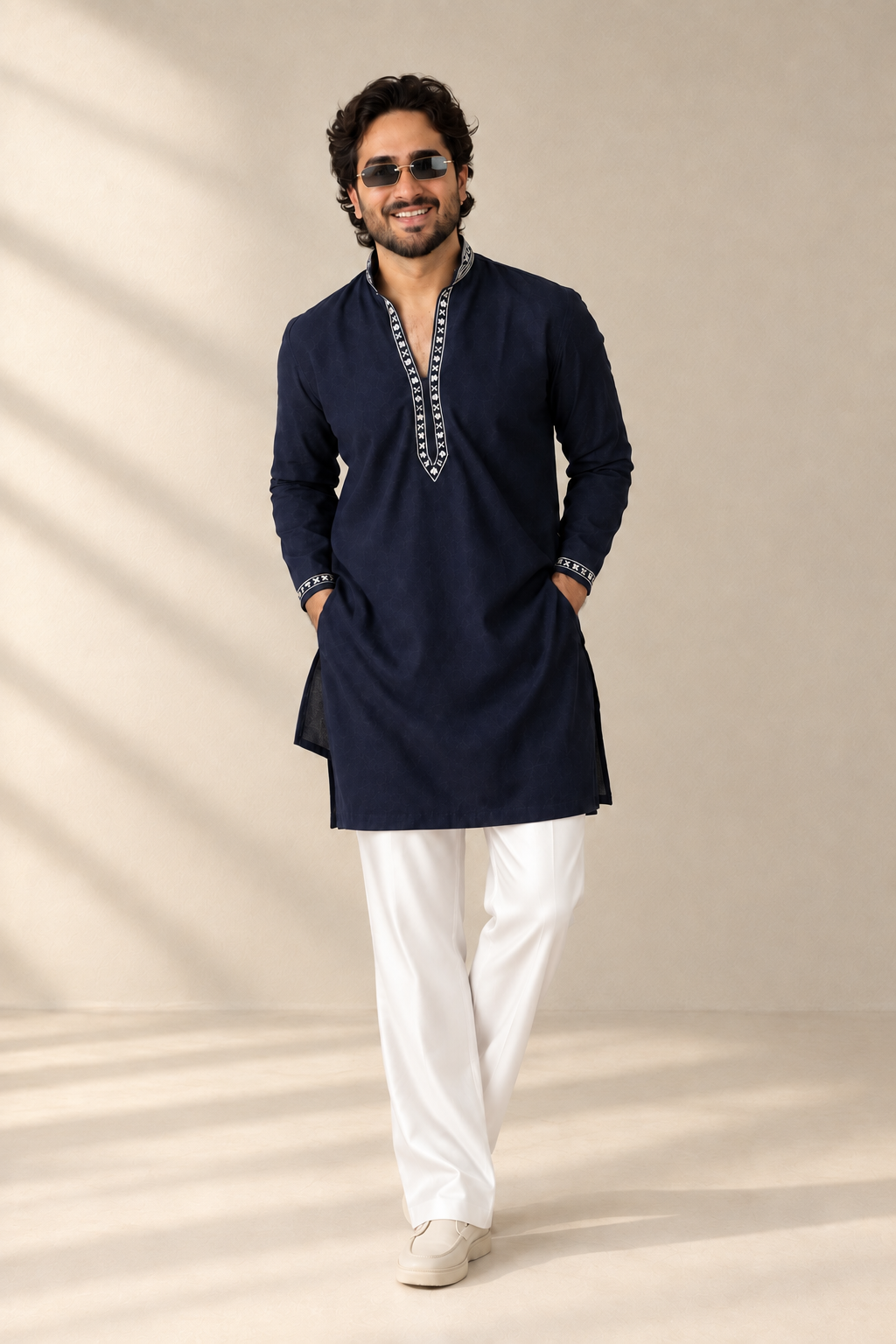 Model wearing the navy embroidered kurta with softly draped white trousers in a warm studio